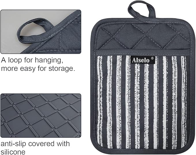 Alselo Silicone Pot Holders Set of 3 Heat Resistant & Non Slip Potholders, Professional Oven Hot Pads with Pockets Mitts for Kitchen Cooking Baking Barbecue - Image 3
