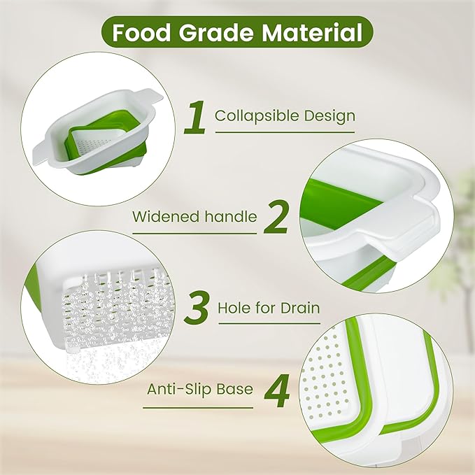 Collapsible Colander Set with Strainer Bowl, 2 in 1 Fruit Washing Basket with Strainer, 5 + 3 QT Plastic Colanders for Kitchen, Foldable Double Layered Colander Bowl for Berry, Vegetable, Green - Image 6