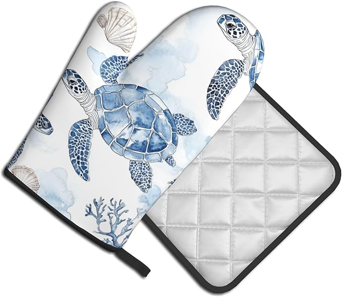 Navy Blue Ocean Sea Turtle Oven Mitts and Pot Holders Sets of 2 Summer Gift for Cooking Enthusiasts Coastal Beach Nautical Coral Kitchen Gloves for Baking BBQ Cooking Grilling Decor - Image 2