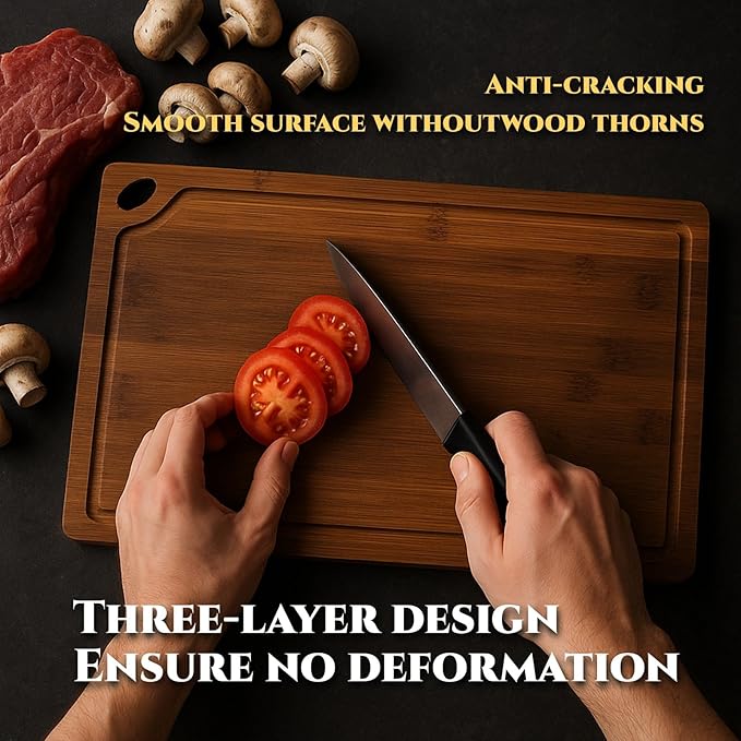 Bamboo Cutting Board 3-Piece Set with Juice Grooves – Non-Slip Wooden Chopping Boards for Kitchen & Housewarming Gfit, Multi-Size Serving Tray for Meat, Vegetables, Fruits - Image 5