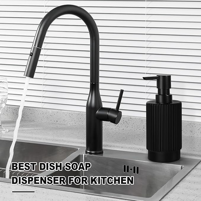 VIMERPA Black Soap Dispenser, 11 fl oz Hand Soap Dispensers for Bathroom, Matte Black Ribbed Glass Dish Soap Dispenser for Kitchen with Pump, Modern Refillable Liquid Soap Pump Bottle
