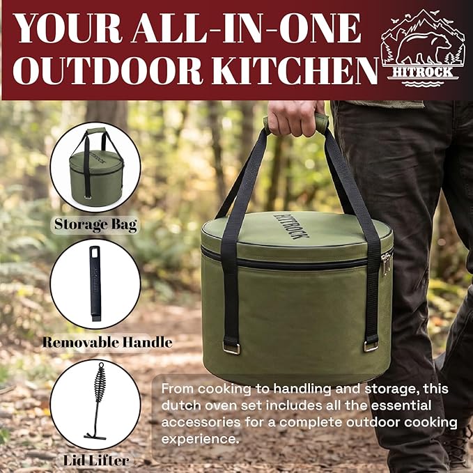 HITROCK Cast Iron Camp Dutch Oven with Legs 7QT, Pre-Seasoned Camping Dutch Oven with Lid, Outdoor Pot with Lid Lifter, Storage Bag & Handle for Camping, Baking, Grilling, Rounded-square Shape