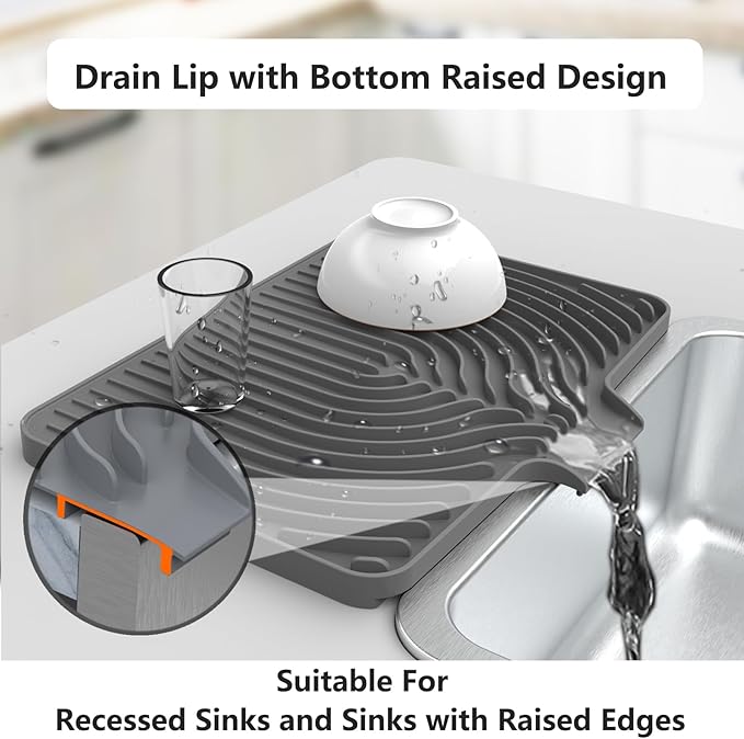 Dish Drying Mat for Kitchen Counter, with Built-in Drain Lip, Food-Grade Silicone, Easy Clean Pad for Countertop Protection, Multi-Functional Use (18 x12 Raised Sink, Grey) - Image 3