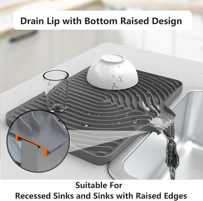 Dish Drying Mat for Kitchen Counter, with Built-in Drain Lip, Food-Grade Silicone, Easy Clean Pad for Countertop Protection, Multi-Functional Use (18 x12 Raised Sink, Grey) - Image 3