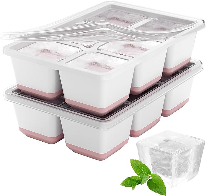 Optish Large Ice Cube Molds, 2 Pack Whiskey Square Ice Molds, 1.8 Inch Big Ice Cube Tray, Stackable Cocktail Ice Tray with Lid, Easy to Release (Pink) by Optish