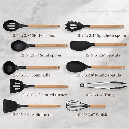 Silicone 10 Pcs Kitchen Cooking Utensils Set, Recycled Materials Certification, BPA Free Spatula Set with Heat Resistant Wood Handles for Nonstick Cookware, Black - Image 2