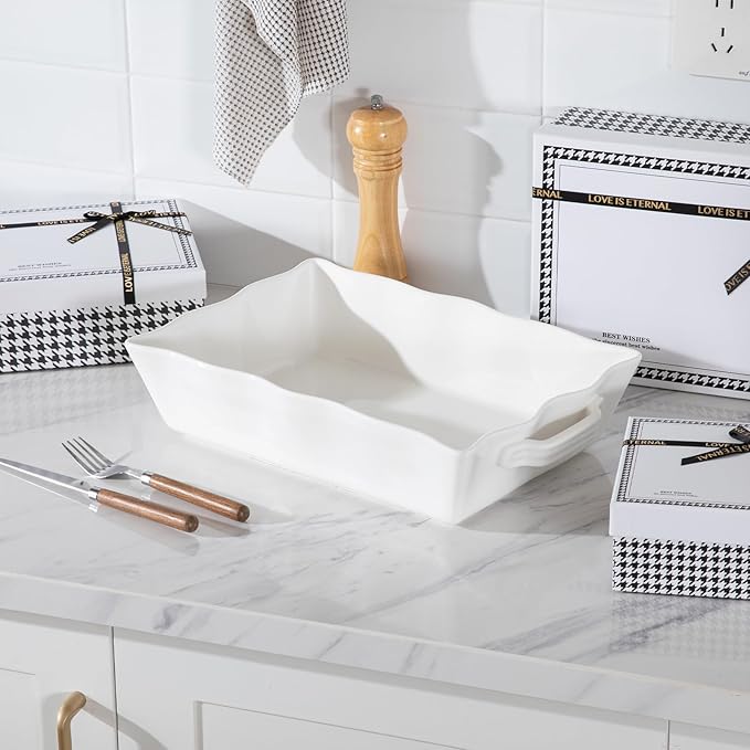 Sweejar Casserole Dishes for Oven, Ceramic 9x13 Baking Dish, Wave Edge Bakeware with Handles, Large Rectangular Lasagna Pan Deep for Roasting, Baking, Cooking, Banquet and Daily Use (White) - Image 6