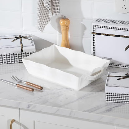 Sweejar Casserole Dishes for Oven, Ceramic 9x13 Baking Dish, Wave Edge Bakeware with Handles, Large Rectangular Lasagna Pan Deep for Roasting, Baking, Cooking, Banquet and Daily Use (White) - Image 6