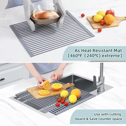 Ohuhu Over Sink Dish Drying Rack, Silicone Wrapped 17.6" W x 15.4" L Large Over The Sink Roll Up Dish Drainer - Foldable Sink Drying Rack Rolling Drain Mats Anti-Slip Multipurpose for Kitchen Counter - Image 3