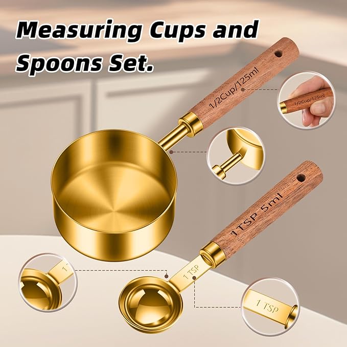 Stainless Steel Measuring Cups and Spoons Set of 8, Stackable Wooden Handle Metal Measuring Cup & Spoon Set with Metric & US Measurements, Rustic Farmhouse Kitchen Gadgets for Dry & Liquid Ingredients