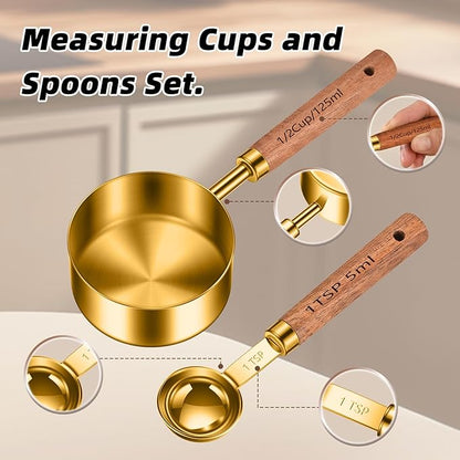 Stainless Steel Measuring Cups and Spoons Set of 8, Stackable Wooden Handle Metal Measuring Cup & Spoon Set with Metric & US Measurements, Rustic Farmhouse Kitchen Gadgets for Dry & Liquid Ingredients