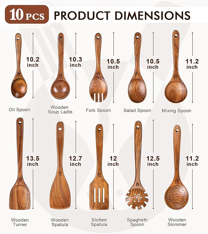 Wooden Spoons for Cooking, 10 Pcs Natural Teak Wood Kitchen Utensils Set, Comfortable Grip Wooden Utensil Set for Nonstick Pans & Cookware, Heat Resistant Wooden Spoons Wooden Spatulas Set - Image 3