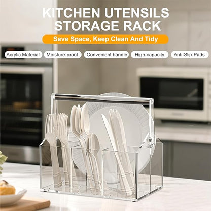 Acrylic Utensil Caddy.Silverware Organizer & Utensil Holder-Heavy-Duty Countertop Cutlery Caddy for Spoons, Forks, Knives, Napkins, Plates | Space-Saving Table, Buffet, Picnic Party Essential - Image 2