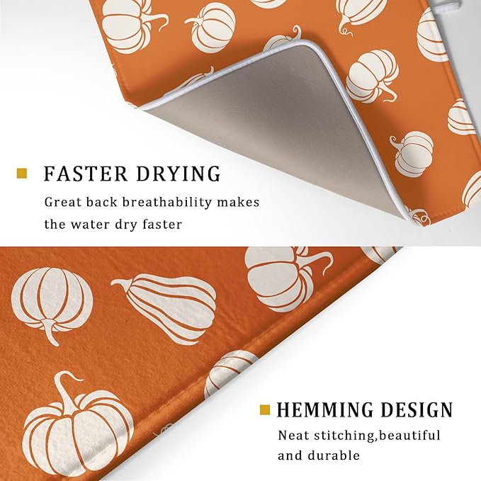 Fall Dish Drying Mat for Kitchen Counter Autumn White Pumpkins Festival Microfiber Absorbent Dish Draining Reusable Washable Foldable Extra Large 18"x24" - Image 3