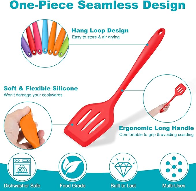 TeamFar Silicone Kitchen Utensils, 7-Piece Kitchen Cooking Utensil Set with Turner Spoon Spatula Ladle, Perfect for Baking Cooking Mixing, Heat-Resistant & Non-Toxic, Dishwasher Safe & Multi Colored - Image 3