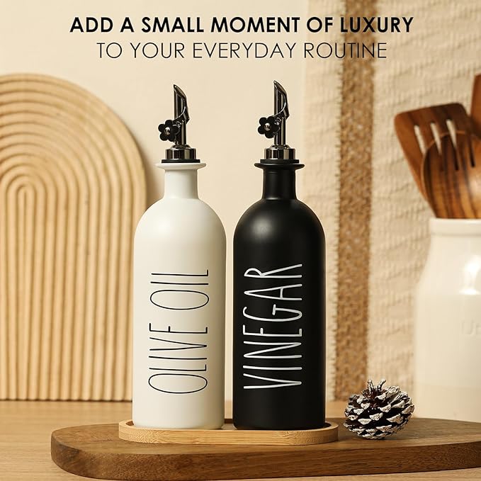 HOMCDALY 16oz Olive Oil Dispenser Bottles for Kitchen, Glass Oil Dispenser for Kitchen with Bamboo Tray, Oil&Vinegar Dispenser Set | Set of 2 (16oz-P-Black&White) - Image 7