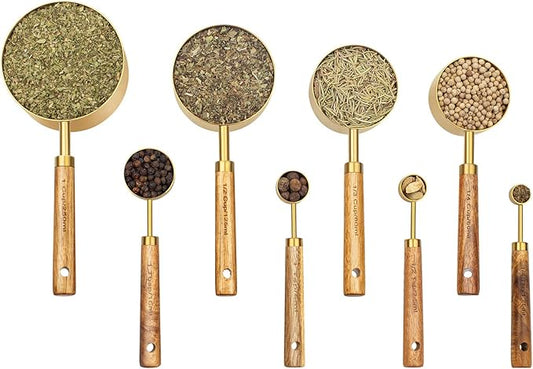 Measuring Cups and Spoons Set of 8, Golden Stainless Steel Measuring Cup with Wooden Handle, Kitchen/Food/Liquid/Baking (gold)