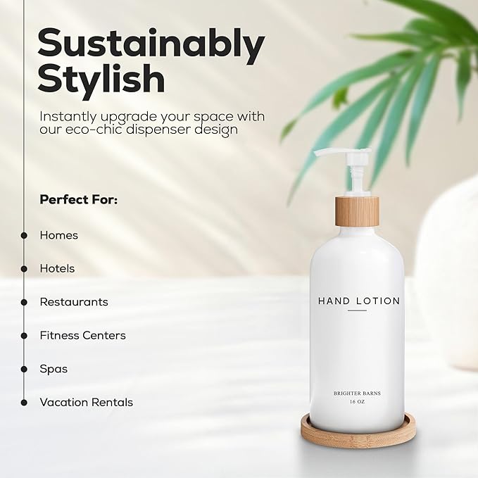 White Glass Lotion Dispenser with Pump Bathroom Set by Brighter Barns - Hand Lotion Dispenser with Tray - Modern Bathroom Decor - Boho Bedroom Decor for Housewarming Gift, Airbnb, Hotel (White) - Image 2