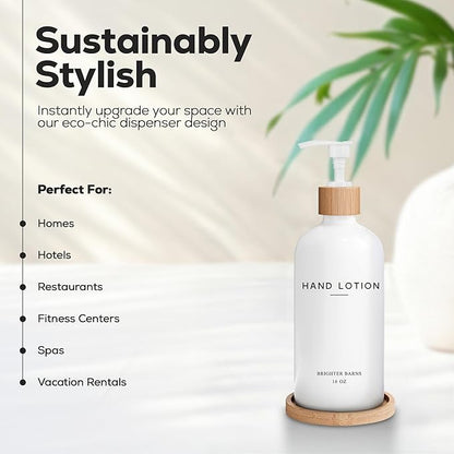 White Glass Lotion Dispenser with Pump Bathroom Set by Brighter Barns - Hand Lotion Dispenser with Tray - Modern Bathroom Decor - Boho Bedroom Decor for Housewarming Gift, Airbnb, Hotel (White) - Image 2