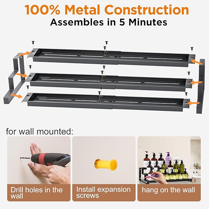 3-Tier Spice Rack Organizer for Kitchen Cabinet or Pantry, 16"-29" Expandable Spice Organization Shelf, Seasoning Organizer, Metal Display Shelf, Slip-Resistant Design for Jars and Bottles, Black - Image 7
