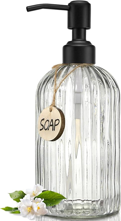 JASAI 18Oz Simple Glass Soap Dispenser with Black Rust Proof Pump,Refillable Kitchen soap Dispenser with Vertical Stripe, Bathroom Soap Dispenser for Dispense Hand soap, Dish Soap, Lotion. by JASAIHOME