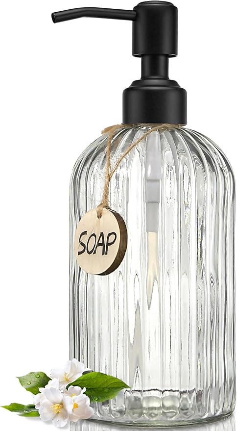 JASAI 18Oz Simple Glass Soap Dispenser with Black Rust Proof Pump,Refillable Kitchen soap Dispenser with Vertical Stripe, Bathroom Soap Dispenser for Dispense Hand soap, Dish Soap, Lotion. by JASAIHOME