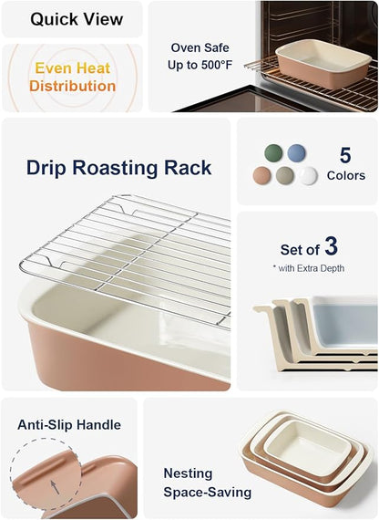 LE TAUCI Deep Casserole Dishes for Oven, 13.7”x9.6” Ceramic Baking Dish Set with Roasting Racks, Large Lasagna Pans with Handles, Rectangular Bakeware as Gift for Mom, Dusty Pink(4.6QT/3.0QT/1.6QT), Set of 3 - Image 2