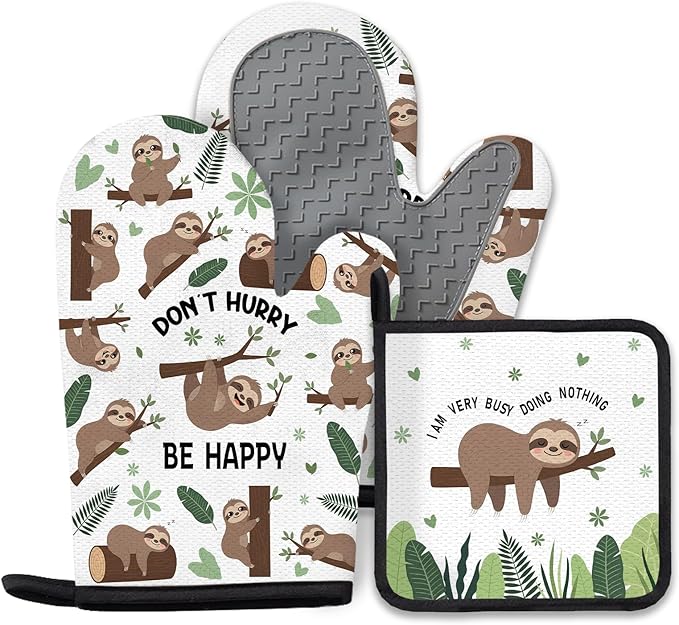Sloth Gifts for Women, Funny Sloth Oven Mitt & Pot Holder Set, Heat Resistant Silicone Kitchen Mittens, Birthday Mother's Day Housewarming Gift Idea for Mom, Wife, BFF