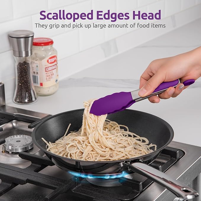 600ºF Heat Resistant Kitchen Tong: U-Taste 7 inch Silicone Cooking Tong with Firm Sealed Non Stick Rubber Tips & Silicon Coated 18/8 Stainless Steel Handle & Smooth Locking for Serving Salad (Purple) - Image 4
