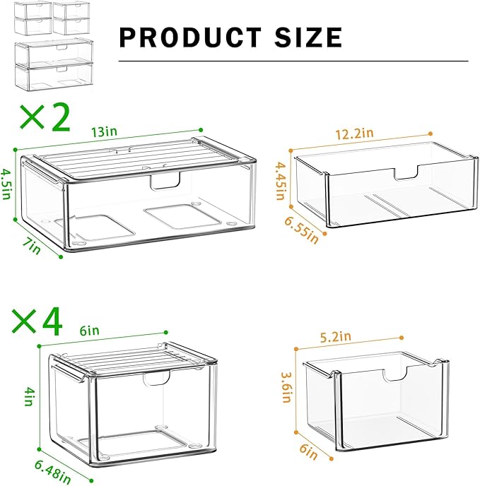 caktraie Acrylic Storage Drawers Set of 6, Clear Makeup Organizer, Plastic Organizer Bins for Beauty Supplies,Ideal for Vanity, Bathroom,Cabinet,Pantry Organization - Image 3