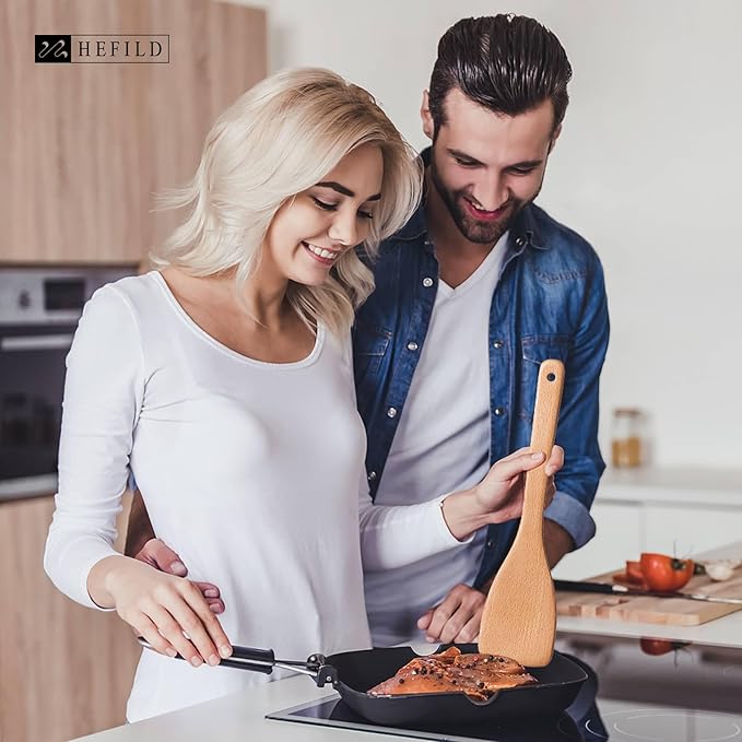 2pcs Wooden Spatulas for Cooking, 13inch Coated Beech Wood Turners for Frying, Non-Scratch Flat Spurtle for Pan & Wok, Cooking Utensils for Non Stick Cookware, Long Handle Scraper - Image 2