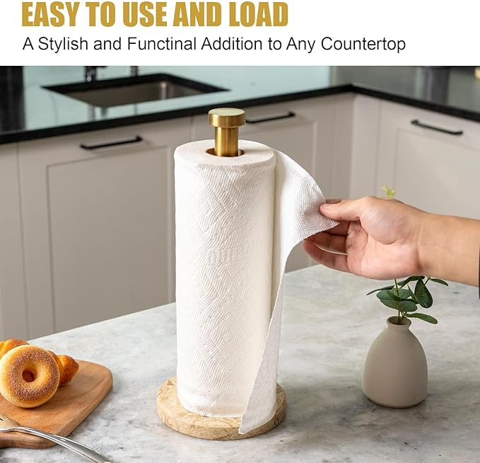 Koville Paper Towel Holder Countertop, Standing Paper Roll Holder with 6" Weighted Marble Base, Stone Paper Towel Holder with Gold Stainless Steel Rod for Kitchen Bathroom (Gold)