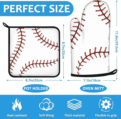 Baseball Oven Mitts and Pot Holders Sets Heat Resistant 4Pcs Potholders Oven Gloves Hot Pads for Kitchen Baking Cooking Grilling BBQ