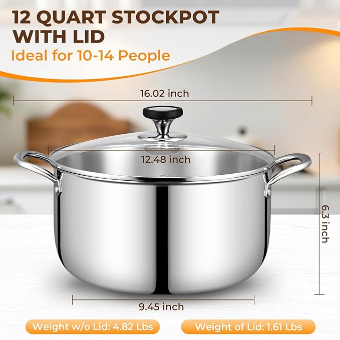 Tri-Ply Stainless Steel Stock Pot, 12 Quart Heavy Duty Induction Cooking Pot with Visible Lid for Pasta, Soup, Spaghetti, Sturdy & Double Handle, Dishwasher Safe - Image 2