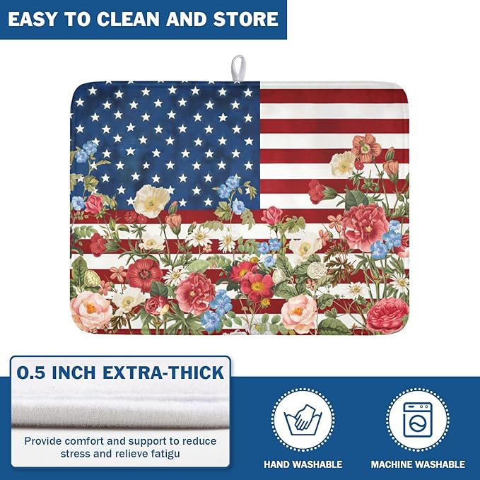 4th of July Dish Drying Mat 24x18 Inch, Patriotic Drying Mat with Absorbent Reversible Microfiber, Independence Day Dish Drainer Mats Memorial Day Rack Pad for Coffee Countertop Kitchen Protector