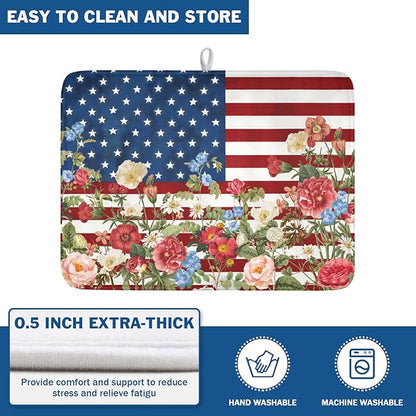 4th of July Dish Drying Mat 24x18 Inch, Patriotic Drying Mat with Absorbent Reversible Microfiber, Independence Day Dish Drainer Mats Memorial Day Rack Pad for Coffee Countertop Kitchen Protector