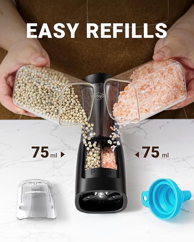 Sangcon Electric Salt and Pepper Grinder Set Shaker 2 IN 1 - USB RECHARGEABLE Salt and Pepper Mill with Charging Base, Adjustable Coarseness Automatic Grinder with Light, House Warming Cooking Gifts - Image 6
