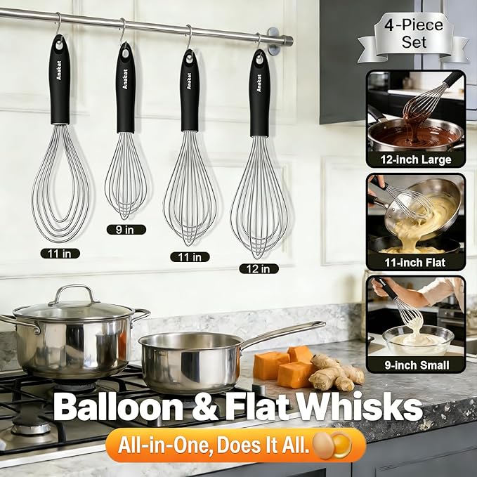 Anaeat Stainless Steel Kitchen Whisk Set of 4, Milk and Egg Beater Blender with Thick Wire for Whisking, Cooking, Baking, Beating and Stirring - 11'' Flat Whisk and 9''+11''+12'' Balloon Whisks - Image 6