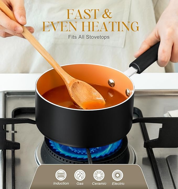 MICHELANGELO Ceramic Saucepan Set 1.5QT & 2QT & 3QT Nonstick Sauce Pans, PFAS-FREE Saucepan with Lid, Copper Saucepans Set of 3, Multipurpose Small Sauce Pot, Non Stick Sauce Pots, Dishwasher Safe - Image 3