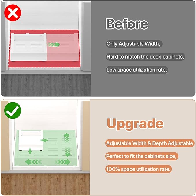 2 Pack Pull out Cabinet Organizer, Width (10"-16") Depth (17"-25"), with 3 Rails Adjustable Slide, Expandable Pullout Drawers for Cabinets, No Drill Adhesive Kitchen Drawers for Pantry Shelves - Image 3