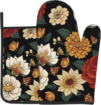 Boho Floral Oven Mitts and Pot Holders Sets of 2 Vintage Kitchen Mitts Bohemian Flower Hot Pads for Cooking Baking Grilling by DZGlobal