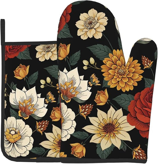 Boho Floral Oven Mitts and Pot Holders Sets of 2 Vintage Kitchen Mitts Bohemian Flower Hot Pads for Cooking Baking Grilling by DZGlobal
