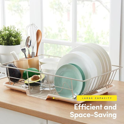 Sweet Home Collection Space-Saving 3-Piece Dish Drainer Rack Set: Efficient Kitchen Organizer for Quick Drying and Storage - Includes Cutlery Holder and Drainboard - Maximize Countertop Space, Beige - Image 3