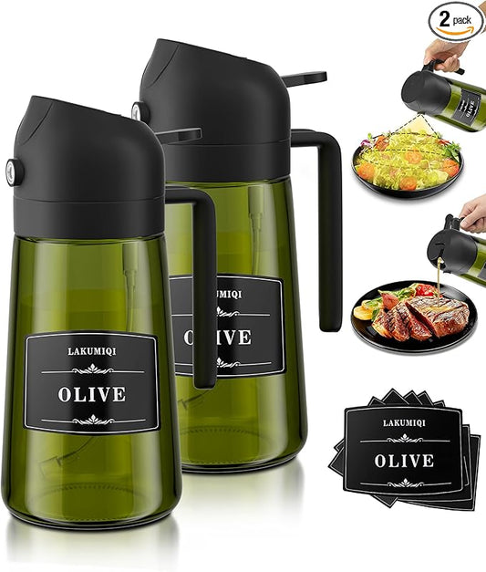 LAKUMIQI 2 in 1 Oil Sprayer for Cooking, 16oz Olive Oil Dispenser Bottle for Kitchen, Food Grade Light-Blocking Leak Proof Glass Spray Bottle for Salad, Air Fryer, BBQ by LAKUMIQI