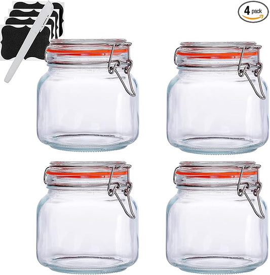 Hovico 25 oz Glass Jars With Airtight Lids And Leak Proof Rubber Gasket,Wide Mouth Mason Jars With Hinged Lids For Kitchen Canisters 750ml, Glass Storage Containers by Hovico