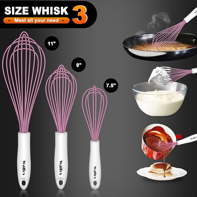 Walfos Whisk, Silicone Whisks for Cooking & Baking Non Scratch Rubber Coated Pink Whisk for Non-stick Wisk, Perfect for Frothing, Blending, Beating and Whisking (3pack Pink) - Image 4