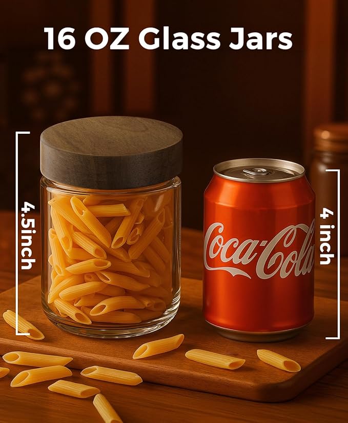 8 Pack 16oz and 10oz Overnight Oats Containers with Lids, Glass Mason Jars with Acacia Wood Airtight Lids, Wide Mouth Meal Prep Storage Jars for Yogurt, Chia Pudding, Salad, Snacks