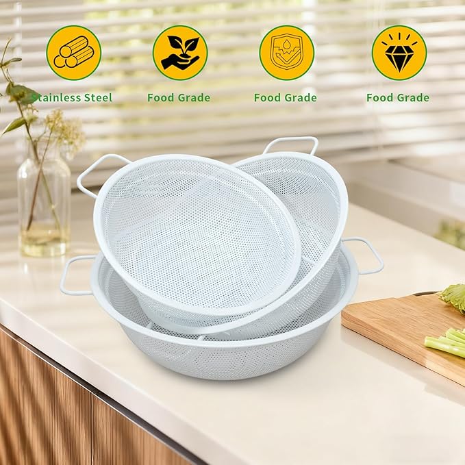 Colander Set with White Coating, Stainless Steel Micro-Perforated Colanders Strainers for Draining Rinsing Washing, Ideal for Vegetables Fruits, Heavy Duty & Dishwasher Safe - Image 7