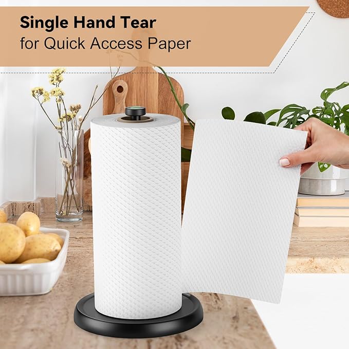 Countertop Paper Towel Holder - One-Handed Tear with Ratchet Mechanism, Weighted Base Degradable Plastic Paper Towel Stand, Black Farmhouse Kitchen Bathroom Decor Accessories - Image 3