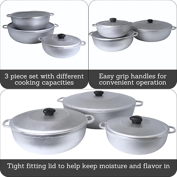 IMUSA Caldero Stock Pot with Lid 3pc Set, 1.5/3.5/7 QT, Cast Aluminum, Perfect for Serving Large & Small Groups, Riveted Handles, Made in Colombia, Silver